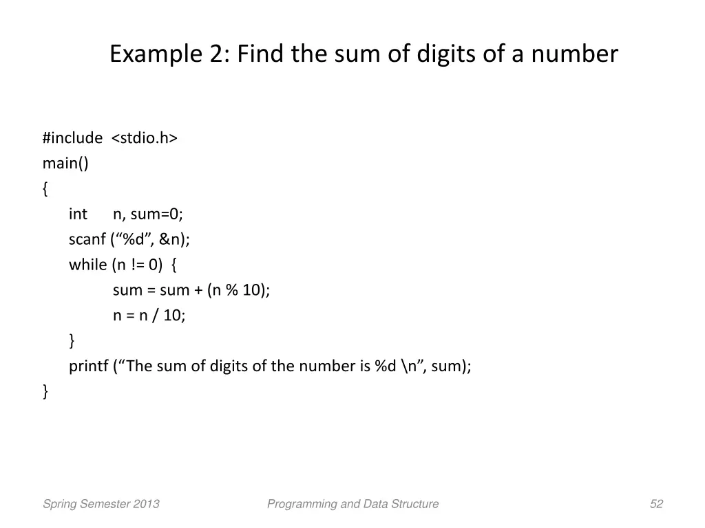 example 2 find the sum of digits of a number