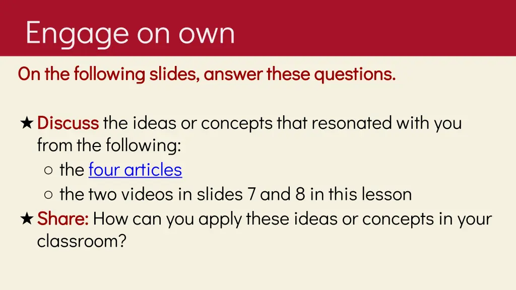 engage on own on the following slides answer