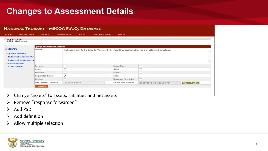 changes to assessment details