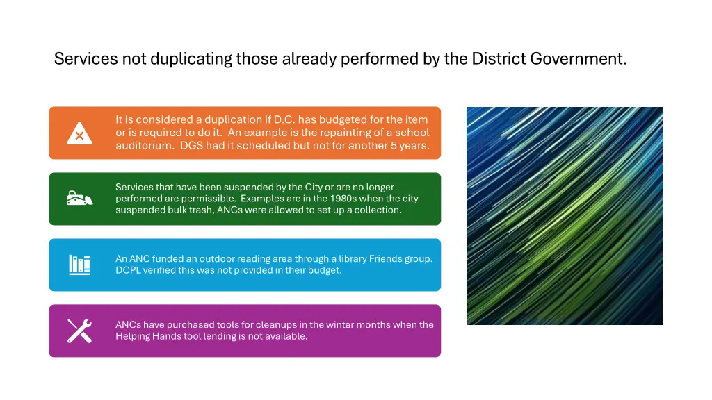 services not duplicating those already performed