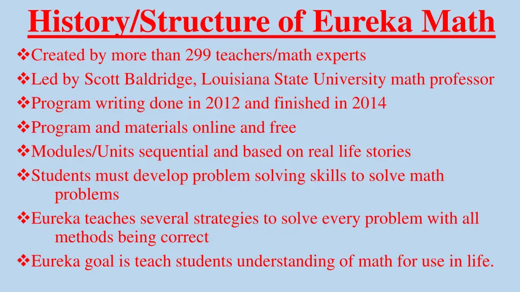 history structure of eureka math created by more