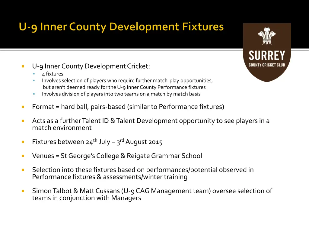 u 9 inner county development cricket 4 fixtures