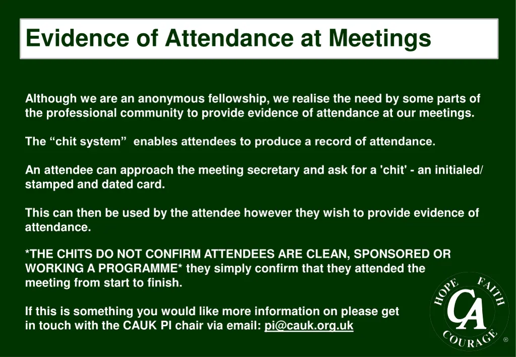 evidence of attendance at meetings