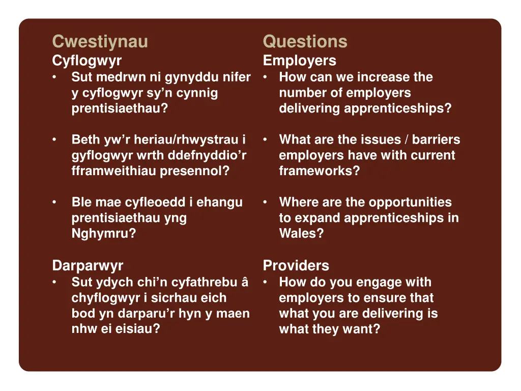 cwestiynau cyflogwyr sut medrwn ni gynyddu nifer