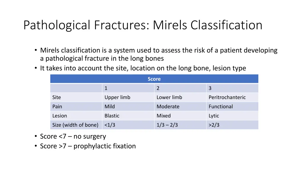 pathological fractures mirels classification