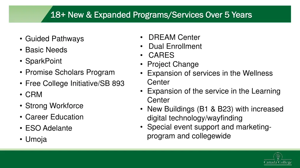 18 new expanded programs services over 5 years