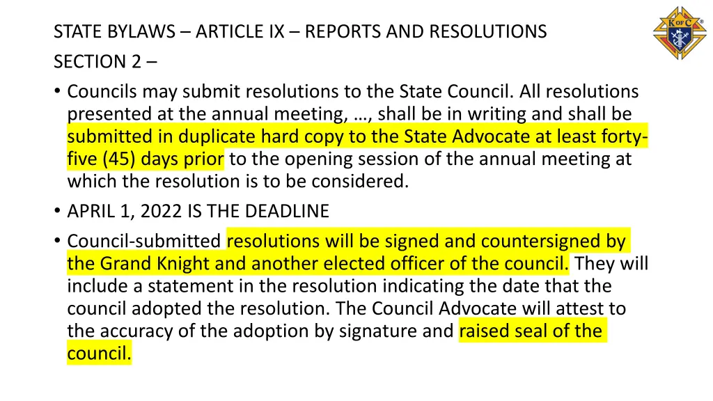 state bylaws article ix reports and resolutions
