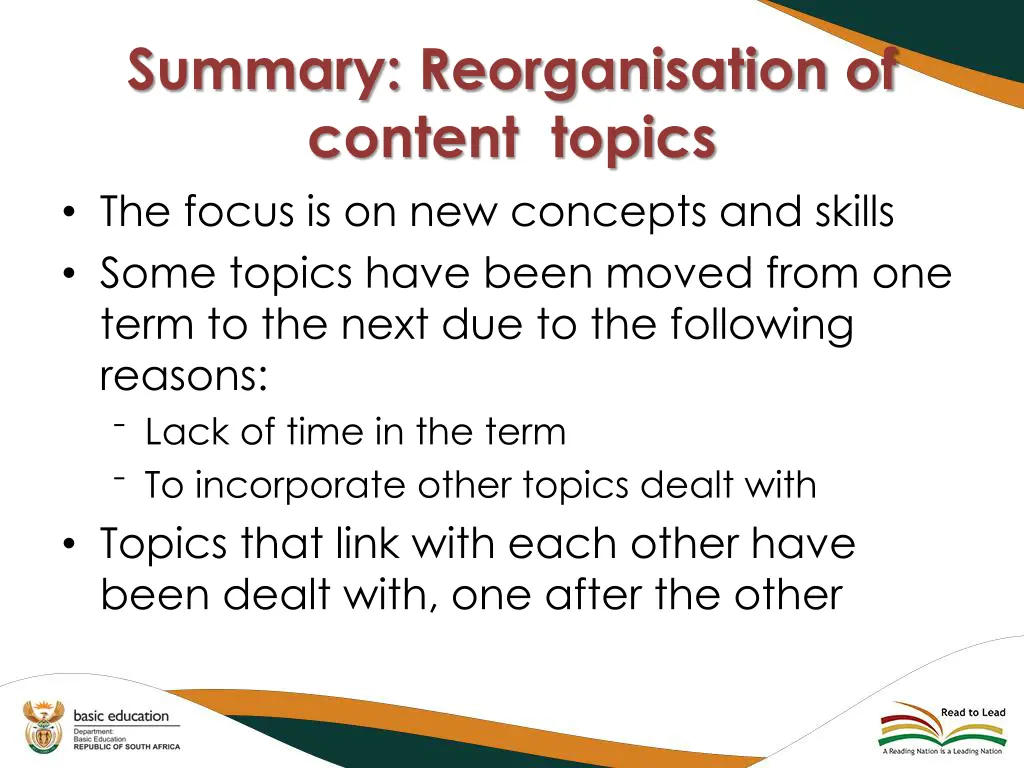 summary reorganisation of content topics