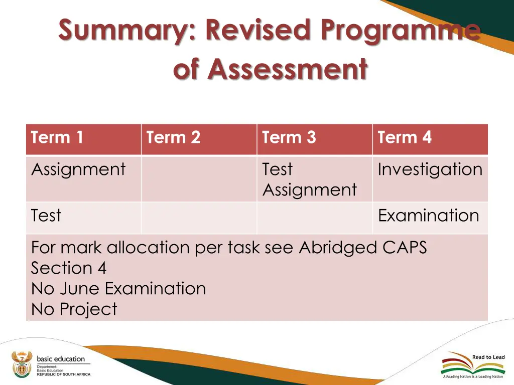 summary revised programme of assessment