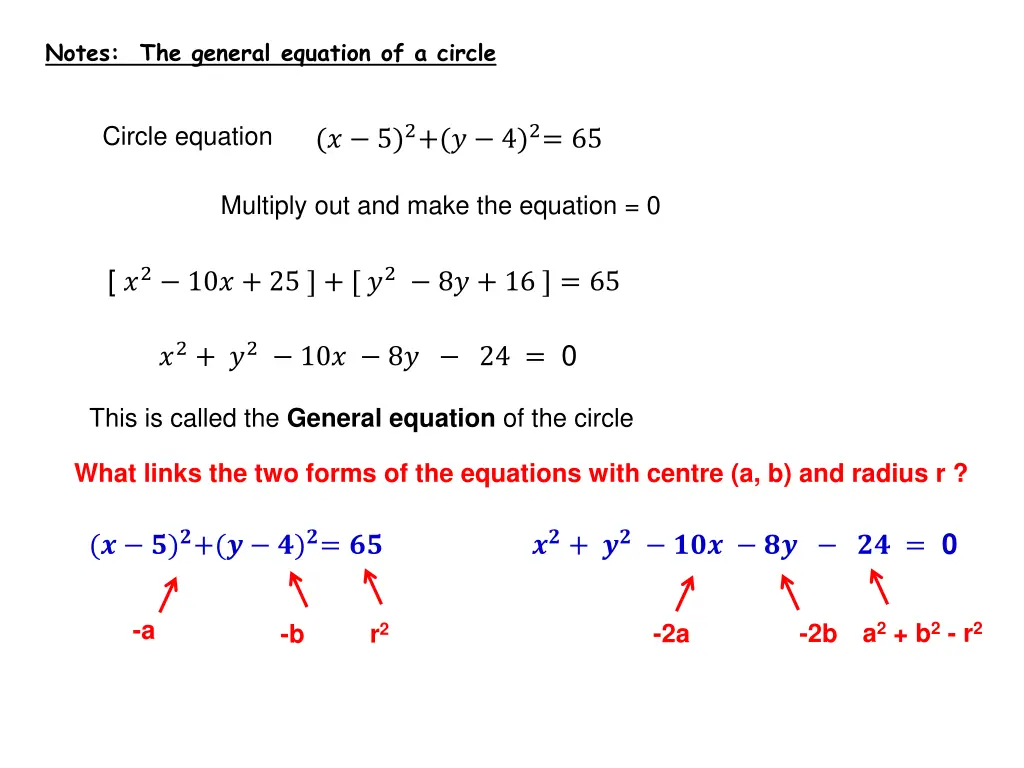 notes the general equation of a circle