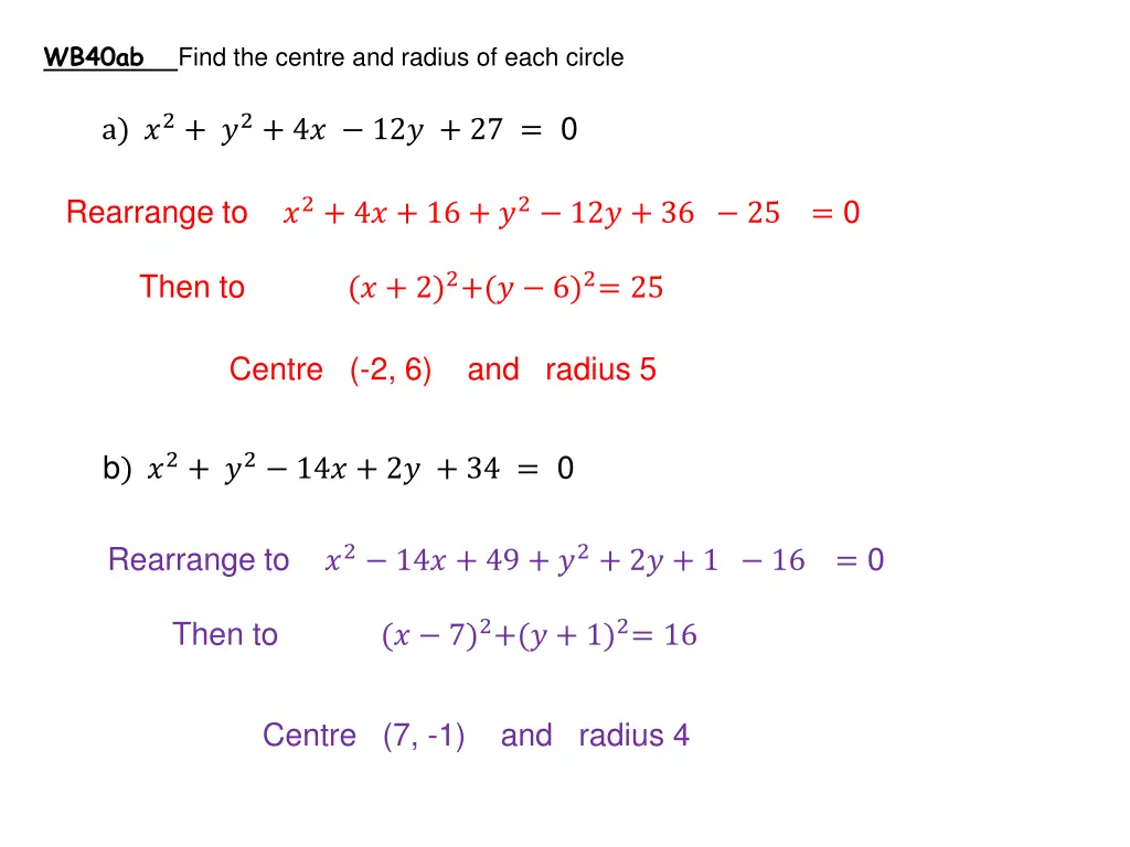 wb40ab find the centre and radius of each circle