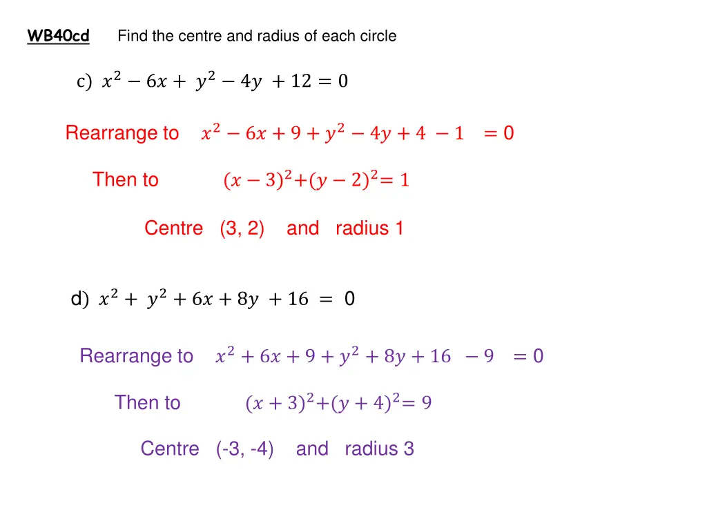 wb40cd find the centre and radius of each circle