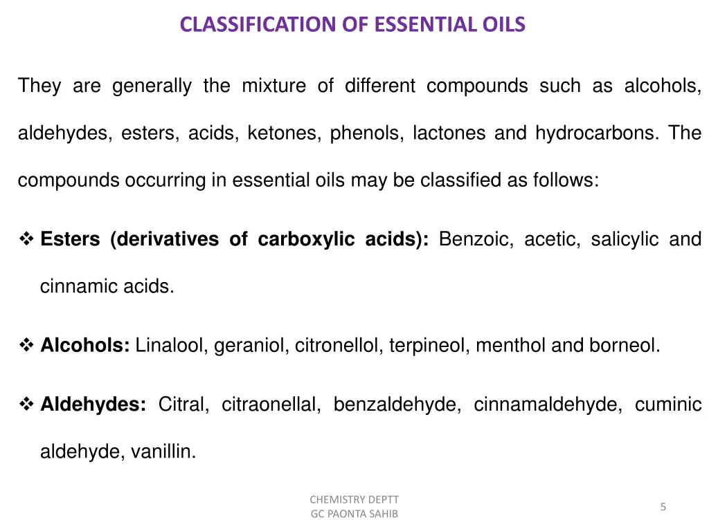 classification of essential oils
