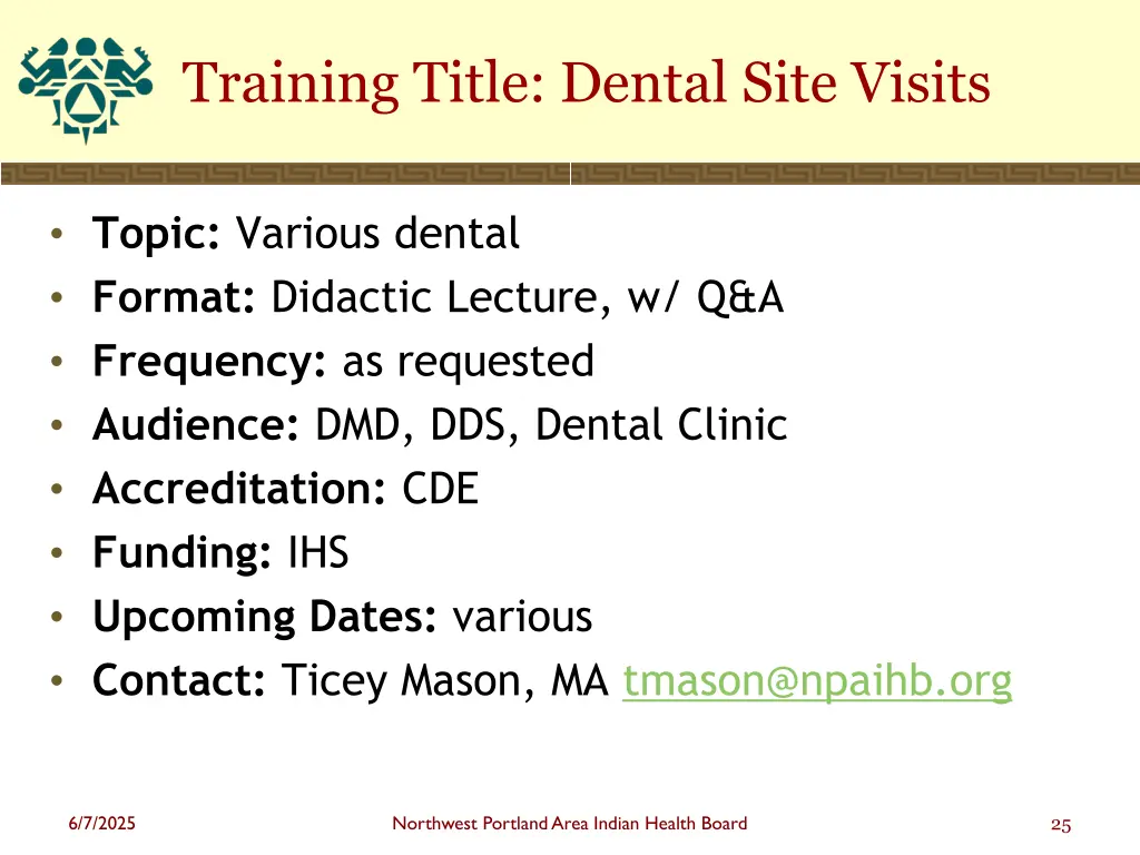 training title dental site visits