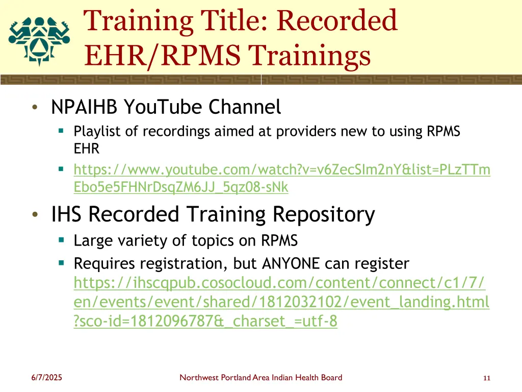 training title recorded ehr rpms trainings 1