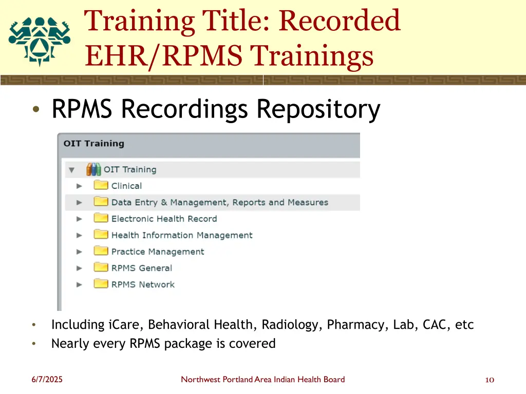 training title recorded ehr rpms trainings