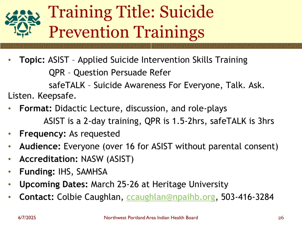 training title suicide prevention trainings