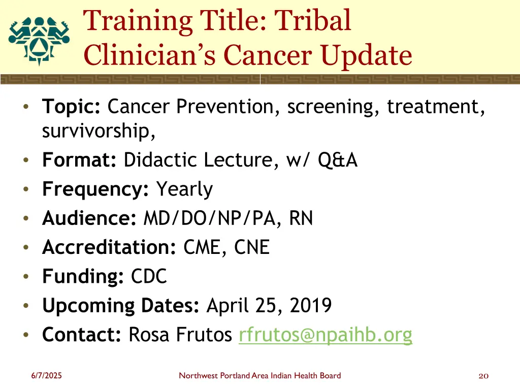 training title tribal clinician s cancer update