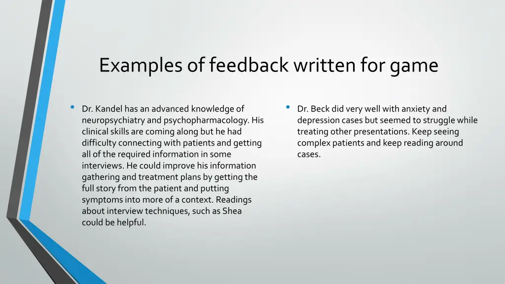 examples of feedback written for game 1