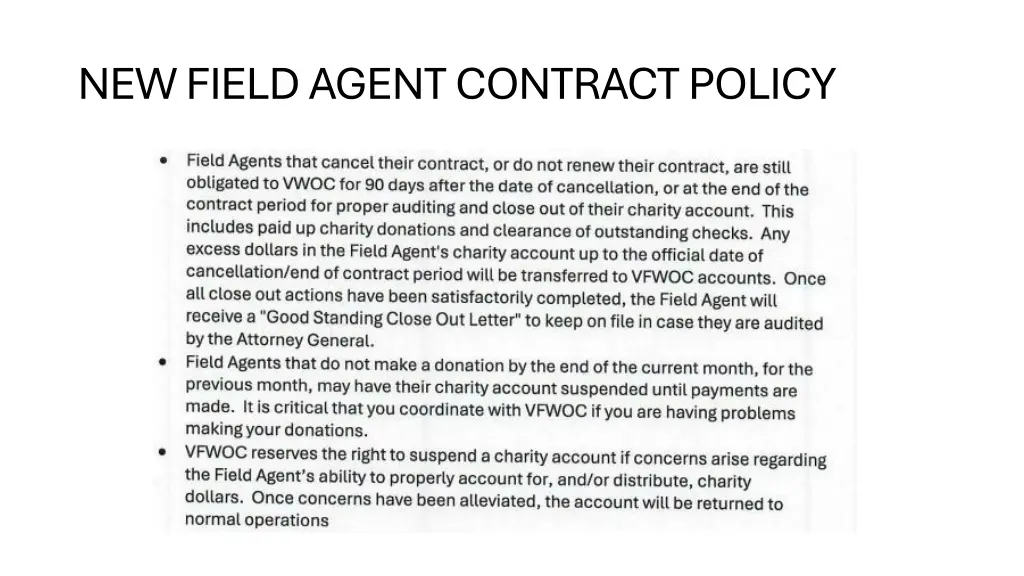 new field agent contract policy
