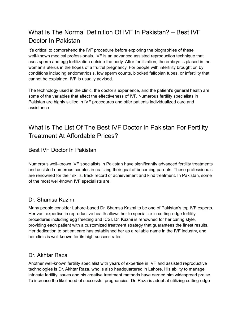 what is the normal definition of ivf in pakistan