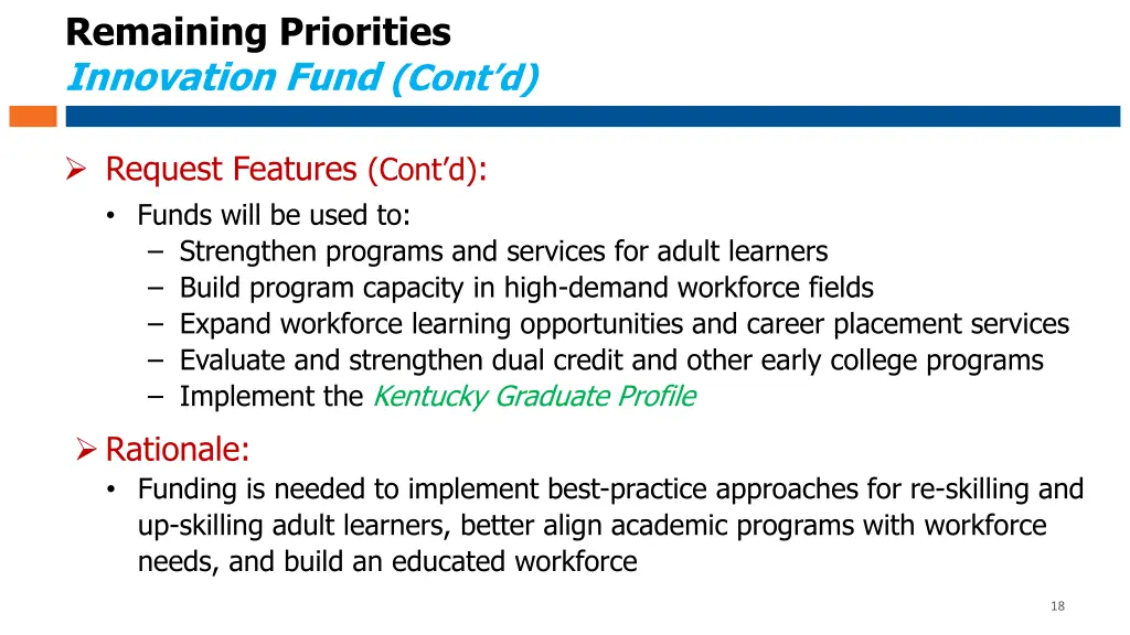 remaining priorities innovation fund cont d