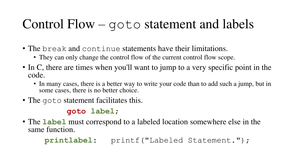 control flow goto statement and labels