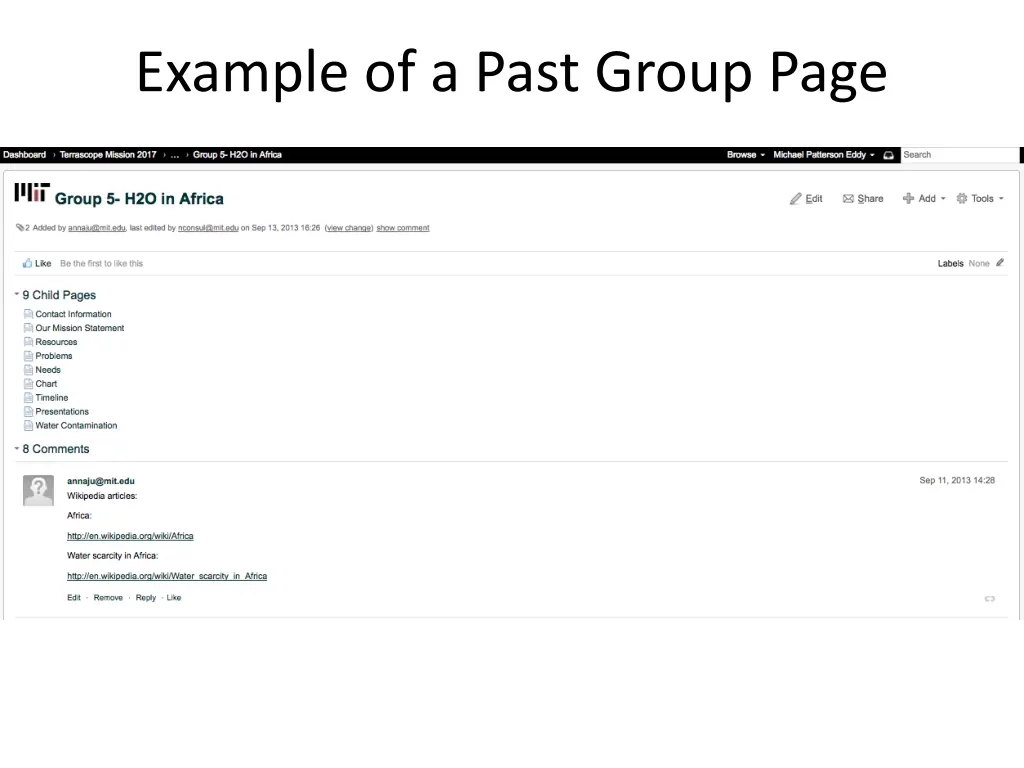example of a past group page
