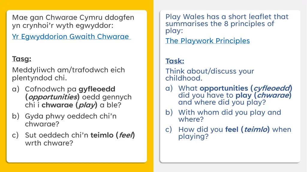mae gan chwarae cymru ddogfen yn crynhoi r wyth