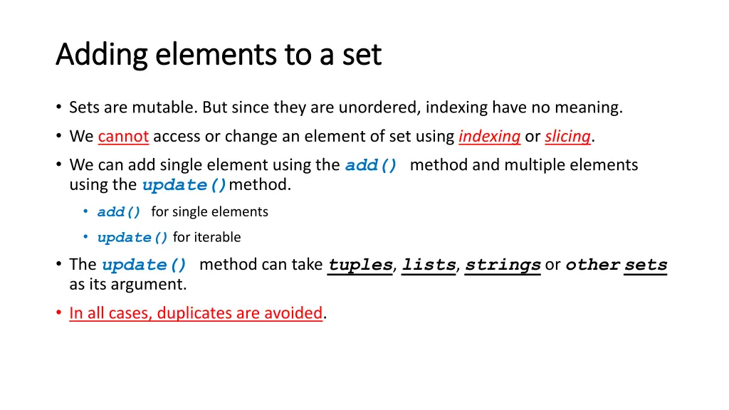 adding elements to a set adding elements to a set