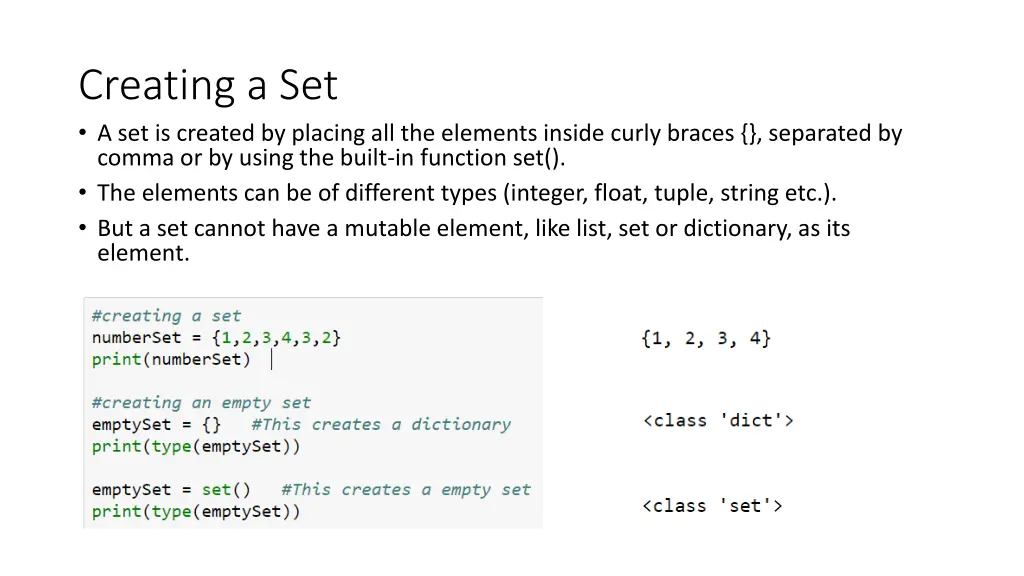 creating a set a set is created by placing