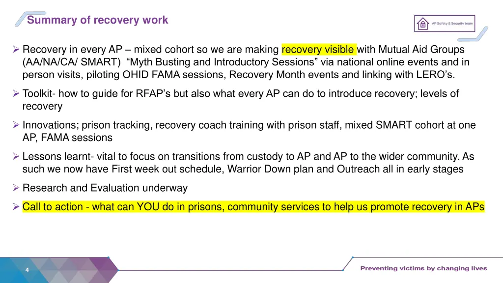 summary of recovery work