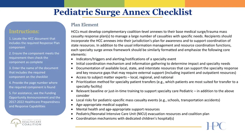 pediatric surge annex checklist
