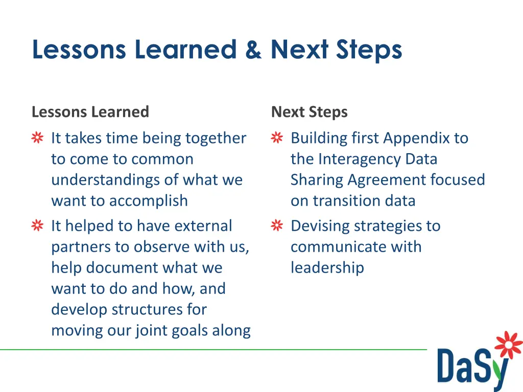lessons learned next steps