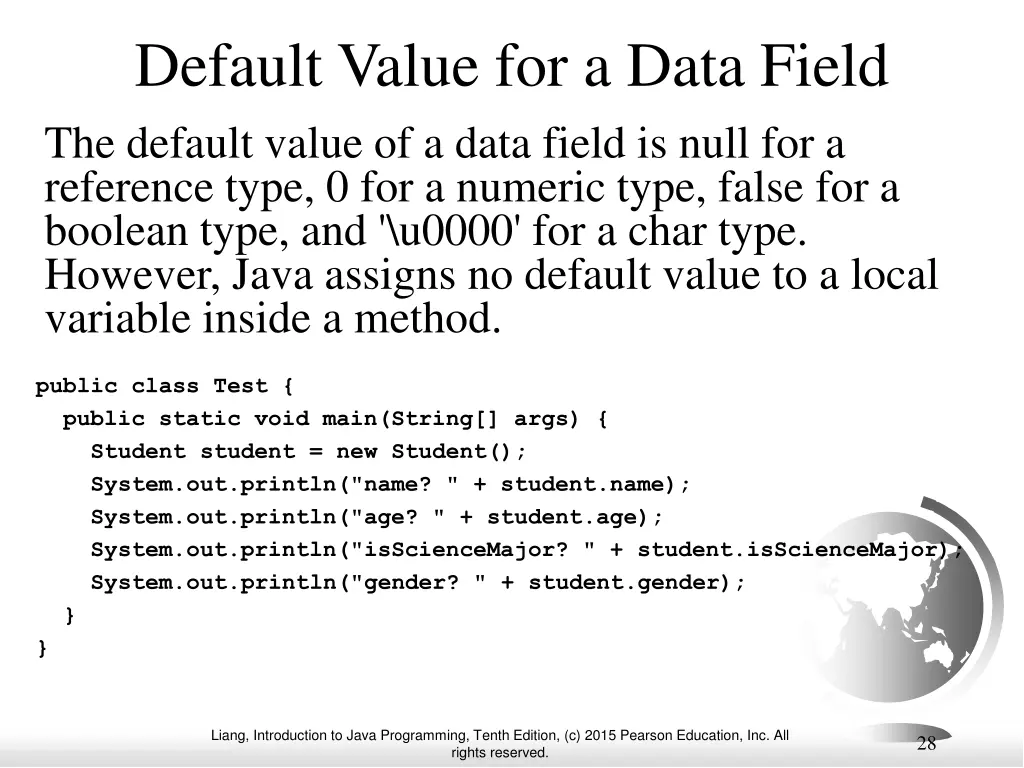 default value for a data field the default value