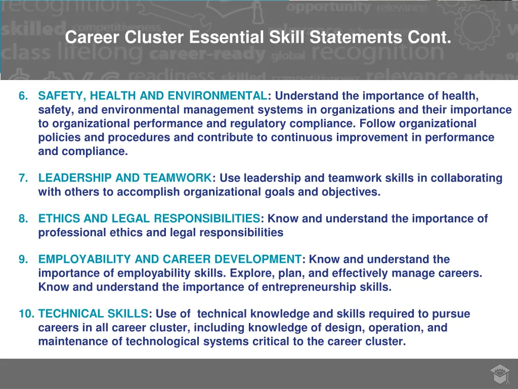career cluster essential skill statements cont