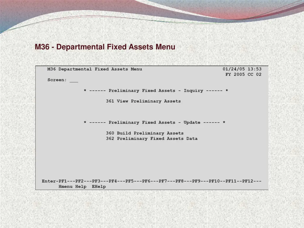 m36 departmental fixed assets menu