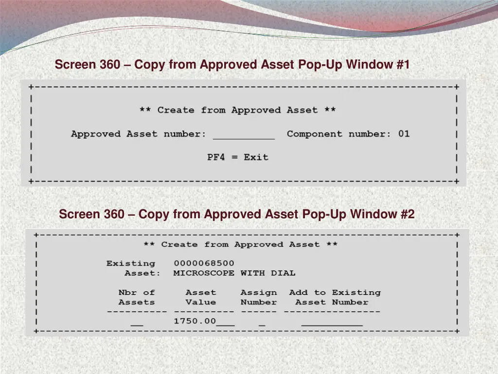 screen 360 copy from approved asset pop up window