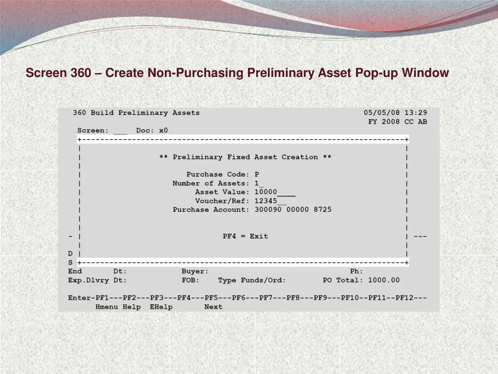 screen 360 create non purchasing preliminary