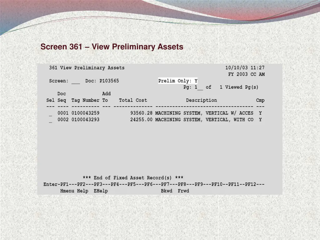 screen 361 view preliminary assets