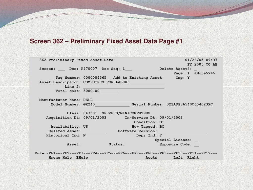 screen 362 preliminary fixed asset data page 1