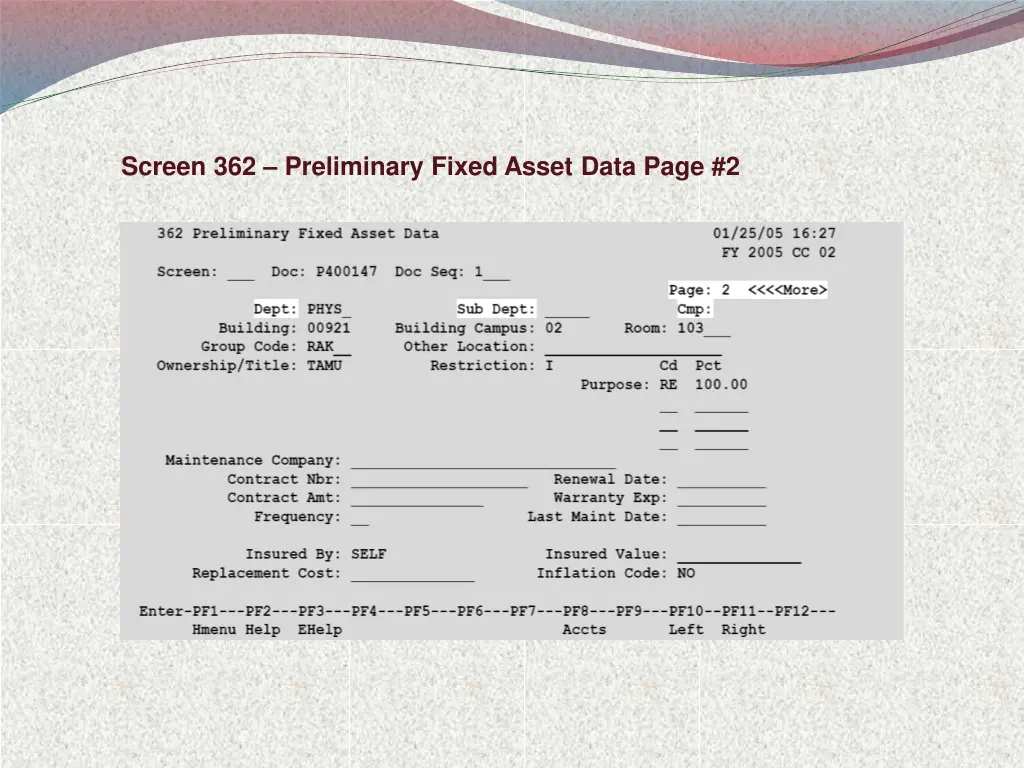 screen 362 preliminary fixed asset data page 2