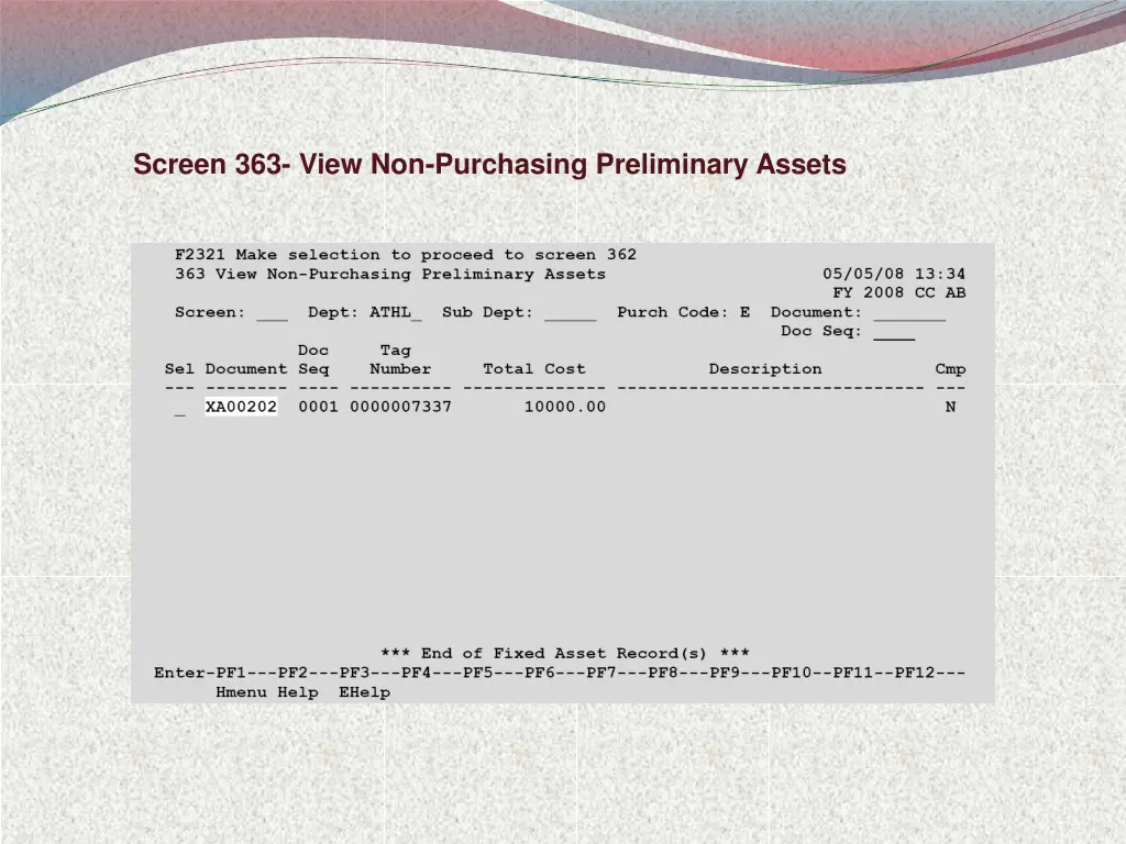 screen 363 view non purchasing preliminary assets