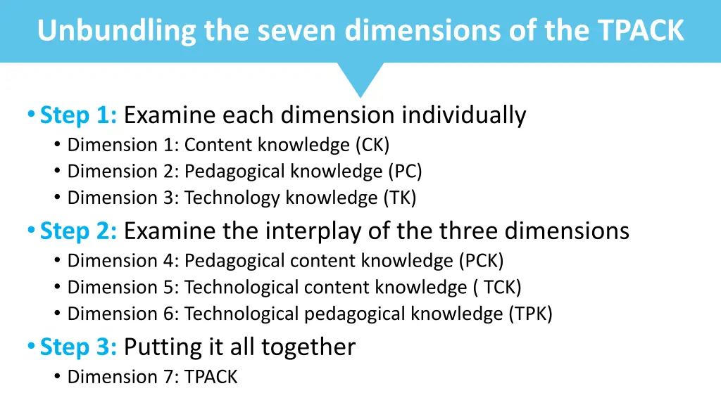 unbundling the seven dimensions of the tpack