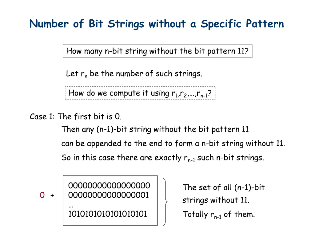 number of bit strings without a specific pattern 1