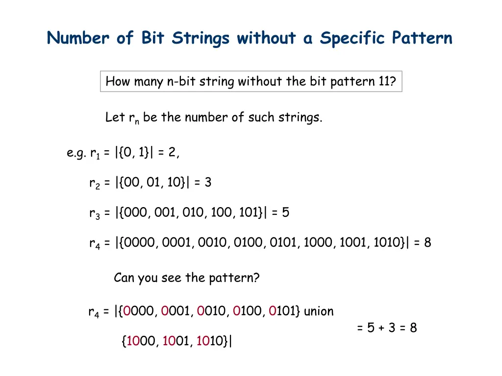 number of bit strings without a specific pattern