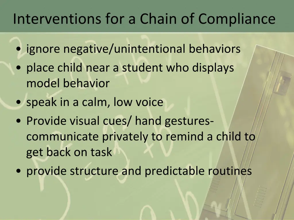 interventions for a chain of compliance