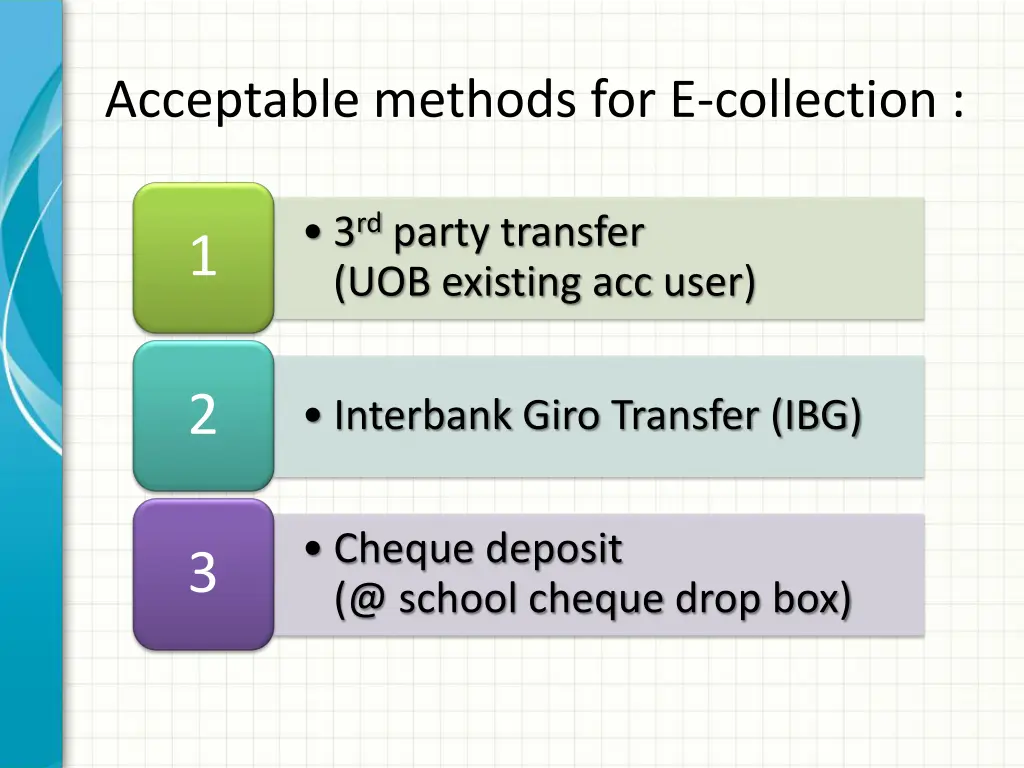 acceptable methods for e collection
