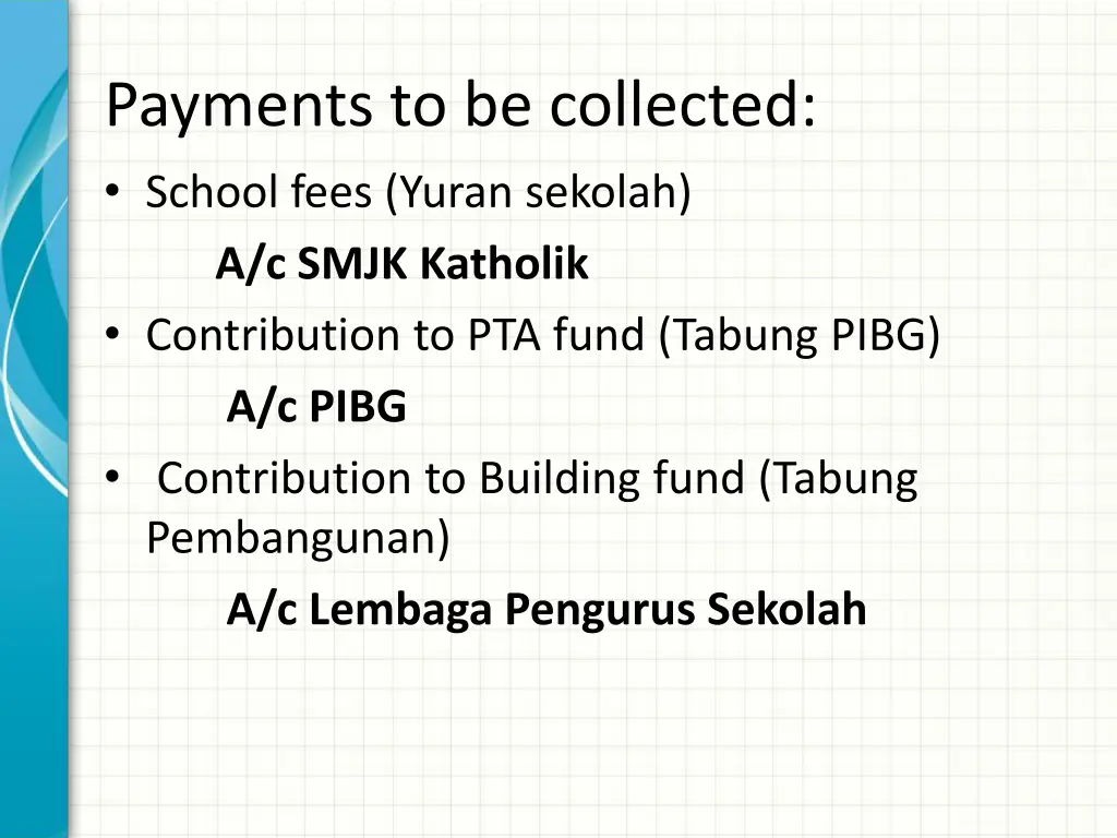 payments to be collected school fees yuran
