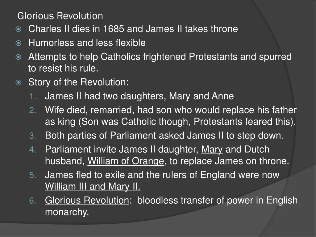glorious revolution charles ii dies in 1685